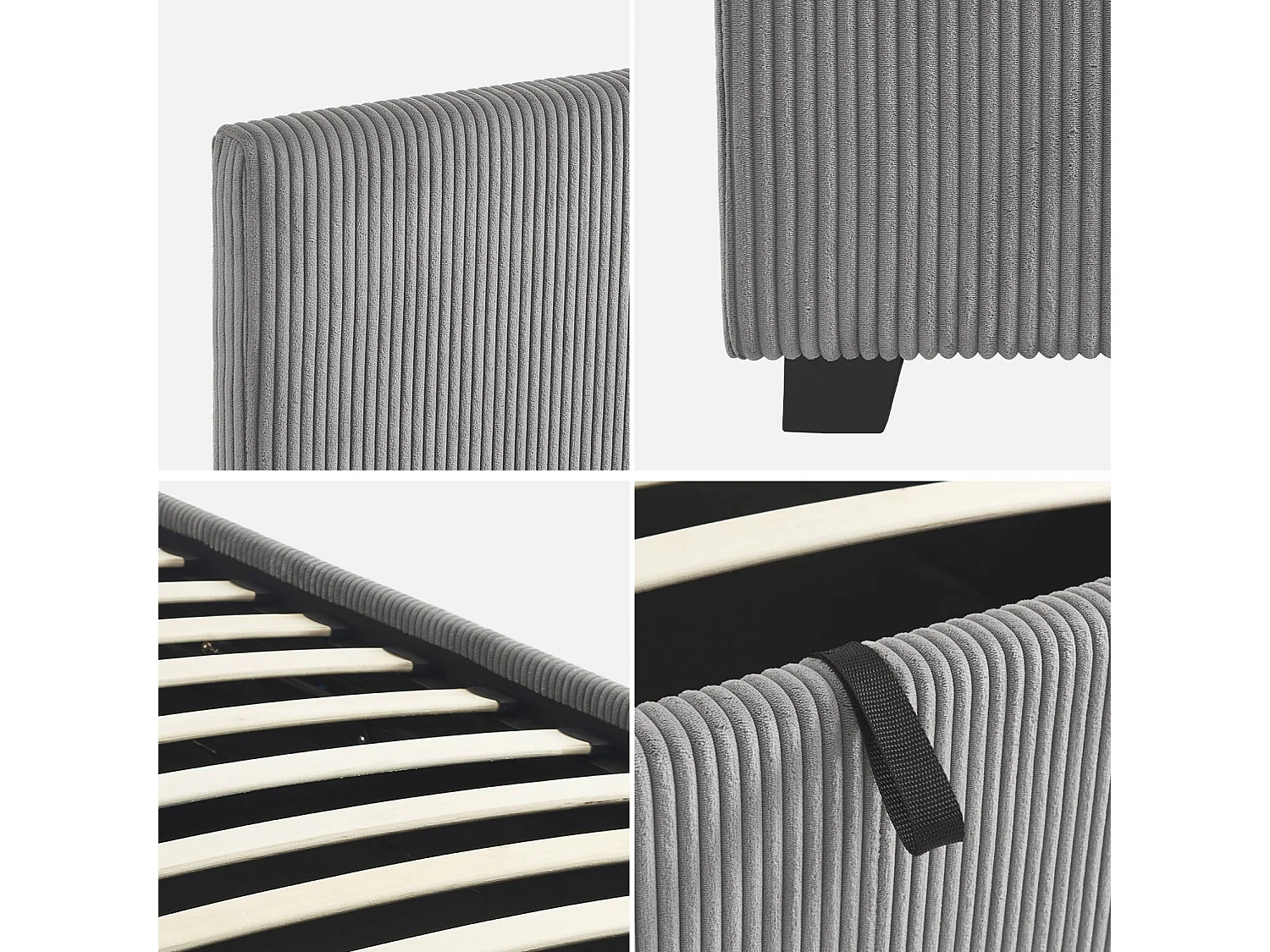 Letto con rete e testata pieghevoli 90cm, velluto a coste fini, grigio