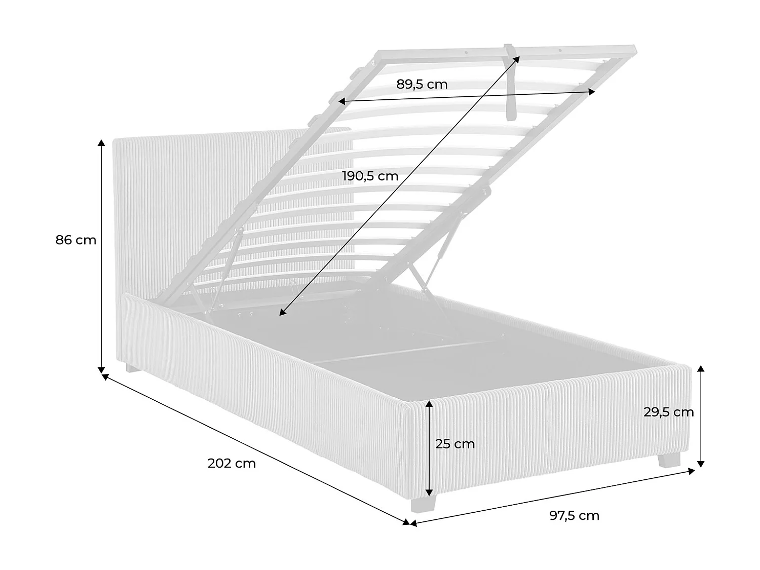 Letto con rete e testata pieghevoli 90cm, velluto a coste fini, grigio