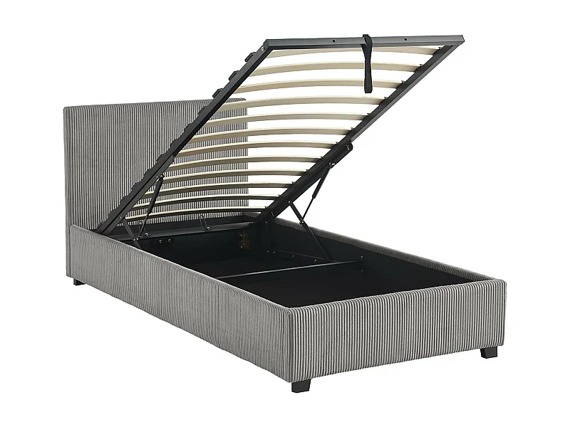 Lit coffre avec sommier à lattes et tête de lit. finition velours côtelé gris. L 202 x P 97.5 x H 86cm