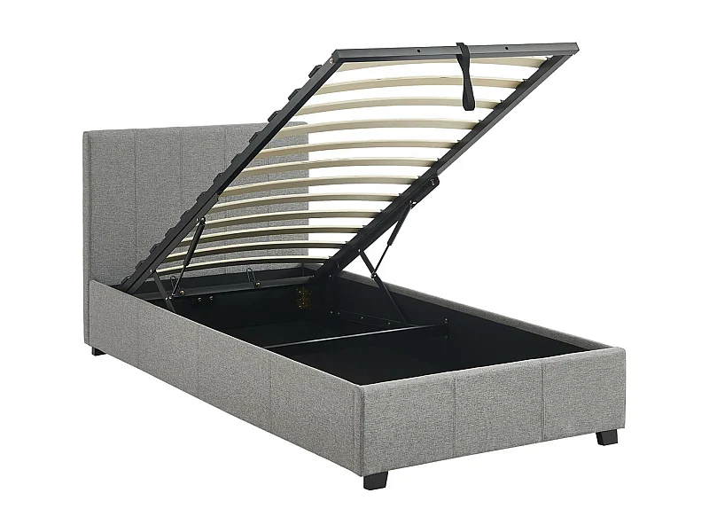 Lit coffre avec sommier à lattes et tête de lit. finition tissu gris clair. L 202 x P 97.5 x H 86cm