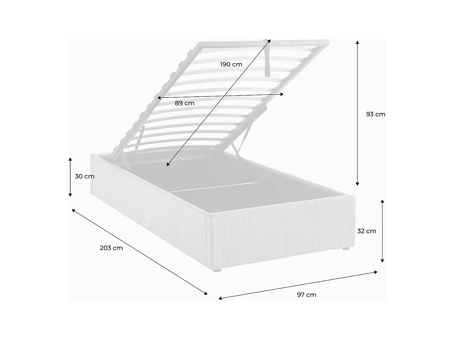 struttura letto con contenitore e rete a doghe 90cm, imbottita coste
