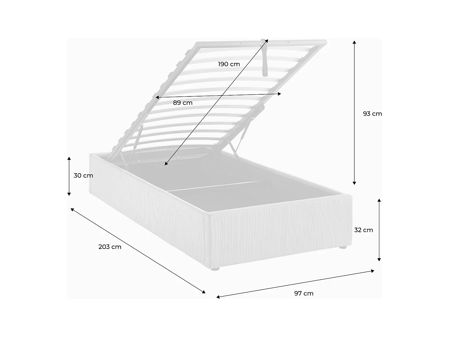 struttura letto con contenitore e rete a doghe 90cm, imbottita coste