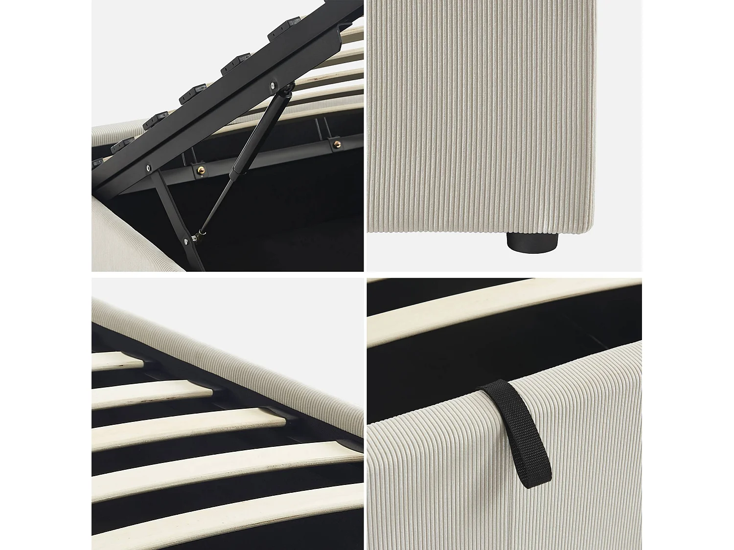 Lit coffre avec sommier à lattes. finition velours côtelé blanc. L 203 x P 97 x H 32cm