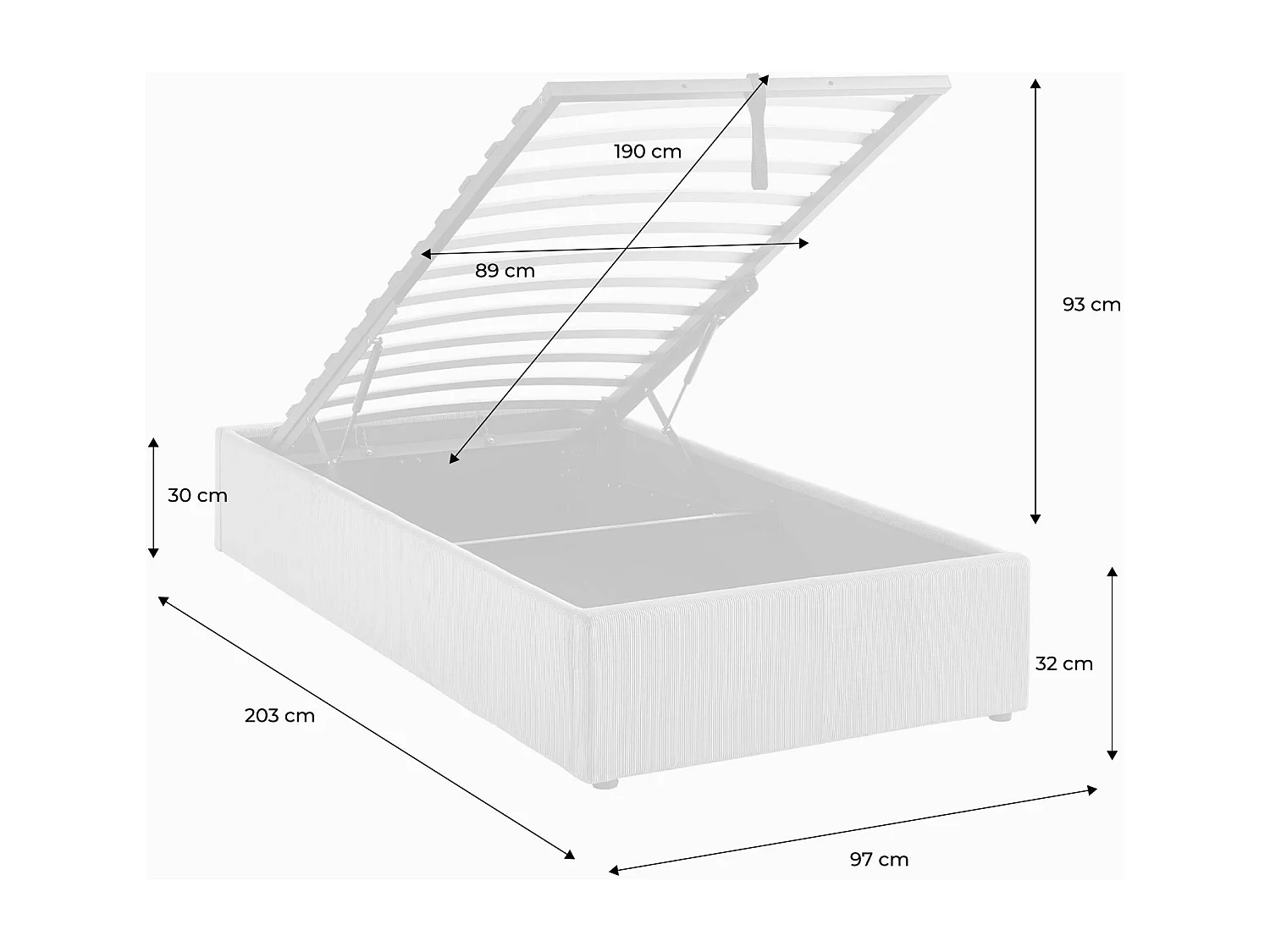 Cama con somier abatible 90x190cm, acabado en pana fina blanco