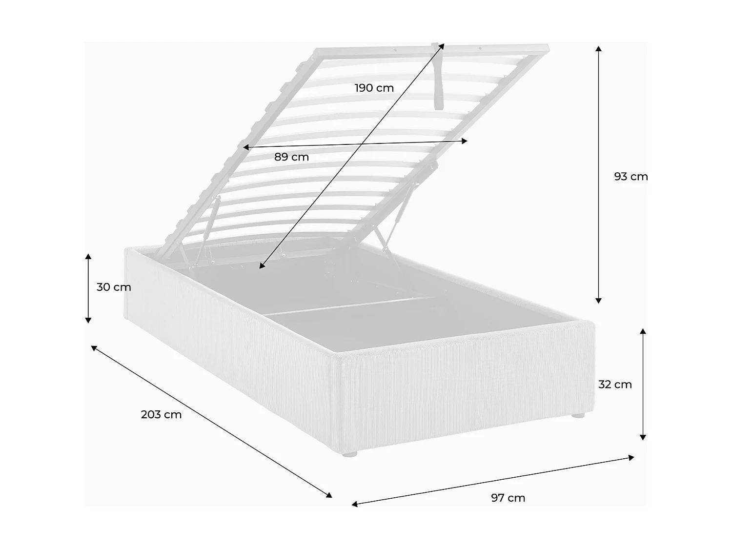 Cama con somier abatible 90x190cm, acabado en pana fina blanco