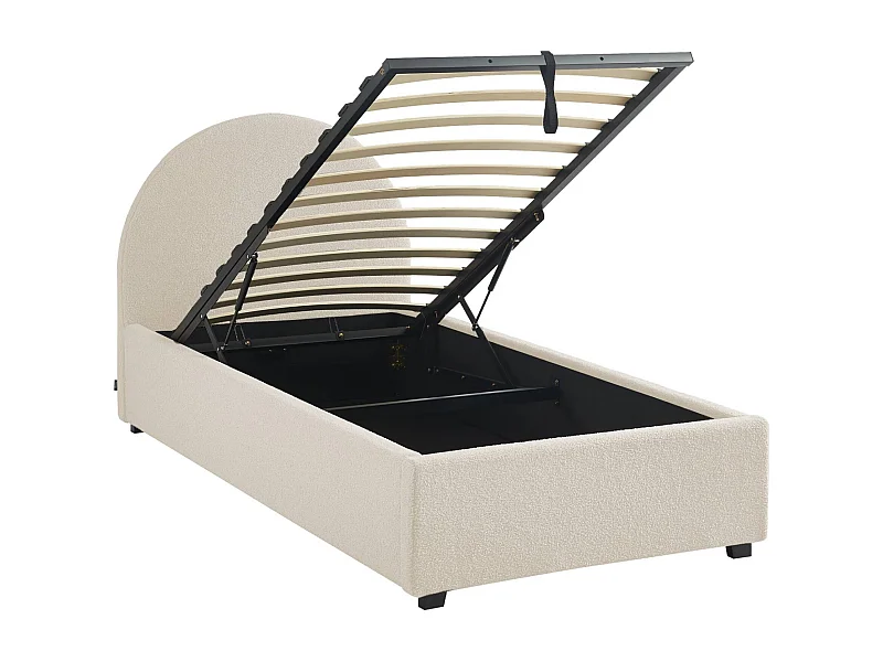 Cama con somier abatible y cabecero 90cm, acabado en borreguito blanco