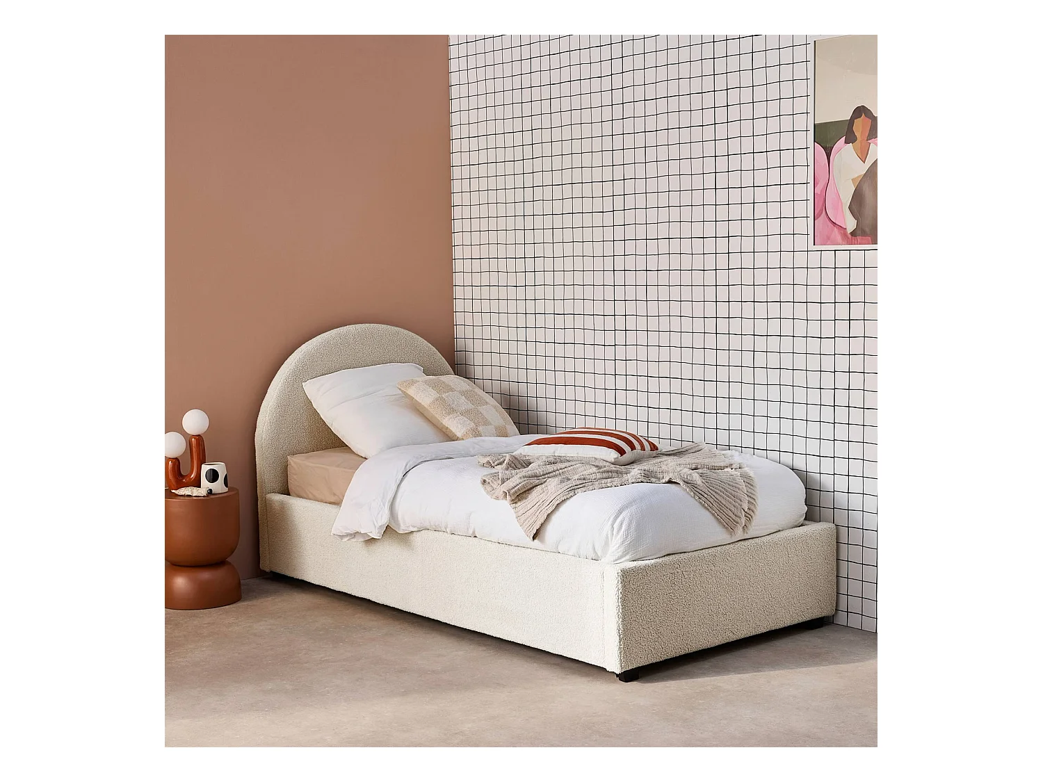 Cama con somier abatible y cabecero 90cm, acabado en borreguito blanco