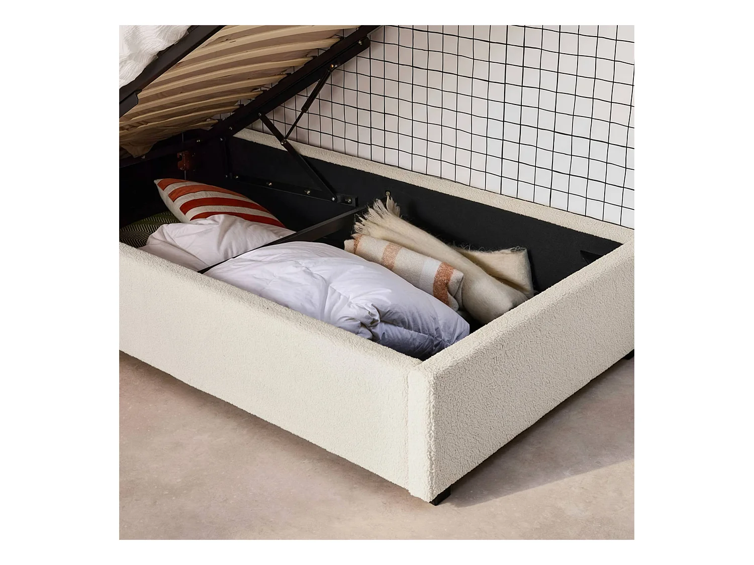 Cama con somier abatible y cabecero 90cm, acabado en borreguito blanco