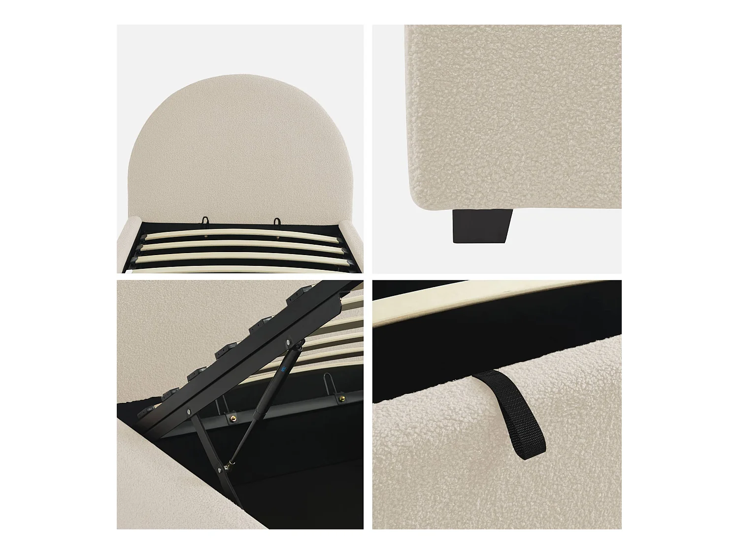 Cama con somier abatible y cabecero 90cm, acabado en borreguito blanco