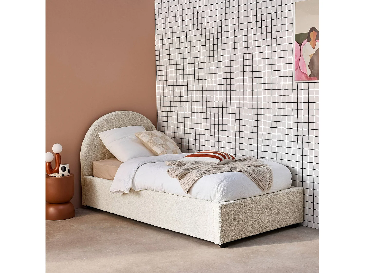 Cama con somier abatible y cabecero 90cm, acabado en borreguito blanco