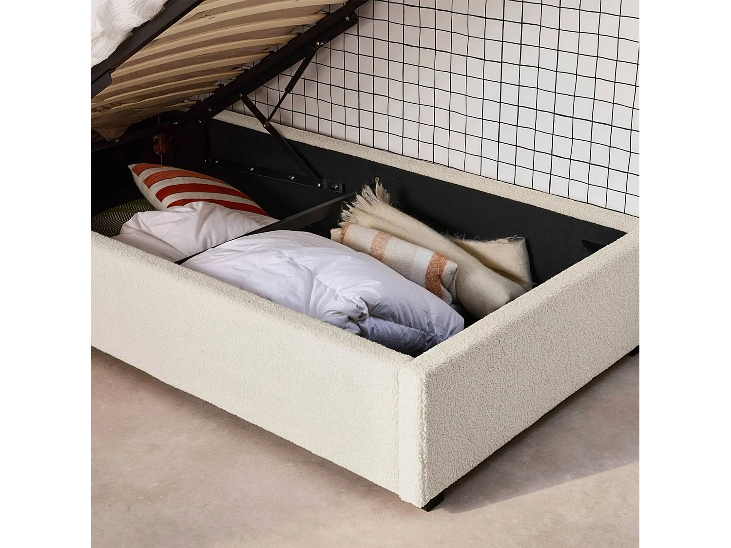 Cama con somier abatible y cabecero 90cm, acabado en borreguito blanco