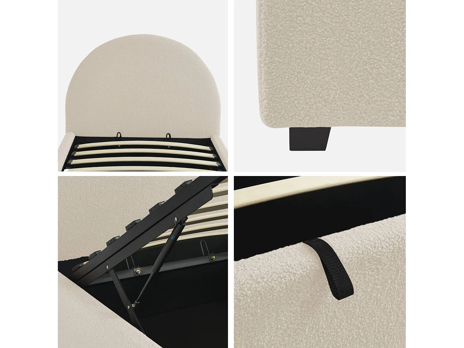 Cama con somier abatible y cabecero 90cm, acabado en borreguito blanco