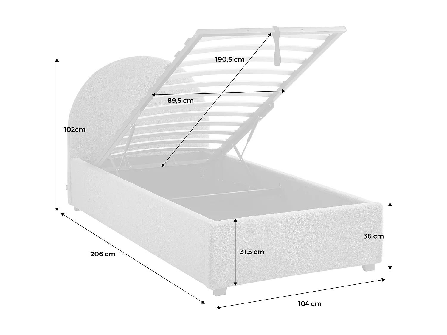Cama con somier abatible y cabecero 90cm, acabado en borreguito blanco