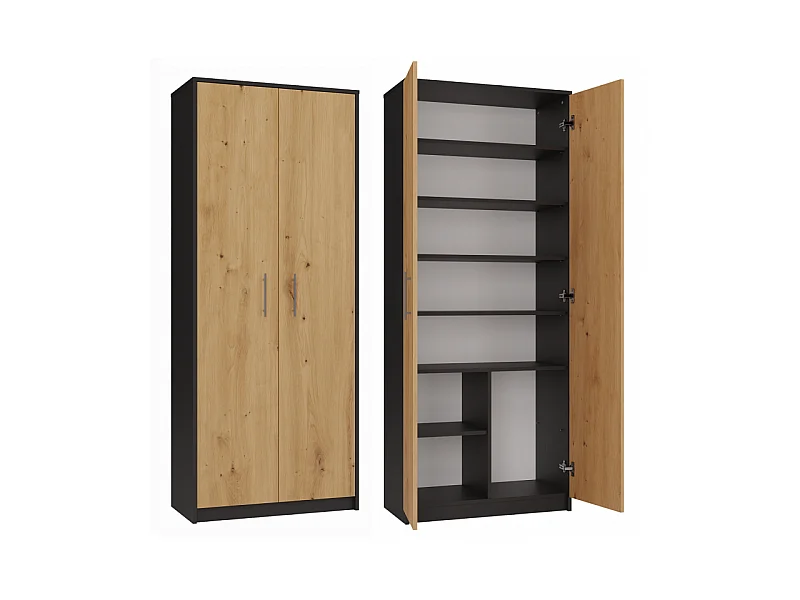 Regał Oliv 2D |  Antracyt/Dąb Artisan |  74x35x180 cm | Regał Zamykany, 2 Drzwi, 8 Półek