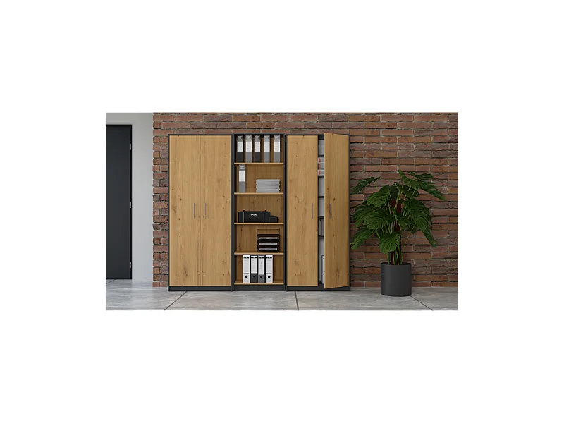 Regał Oliv 2D |  Antracyt/Dąb Artisan |  74x35x180 cm | Regał Zamykany, 2 Drzwi, 8 Półek