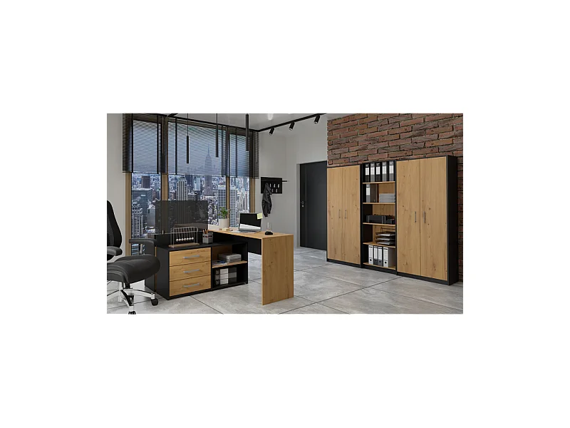 Regał Oliv 2D |  Antracyt/Dąb Artisan |  74x35x180 cm | Regał Zamykany, 2 Drzwi, 8 Półek