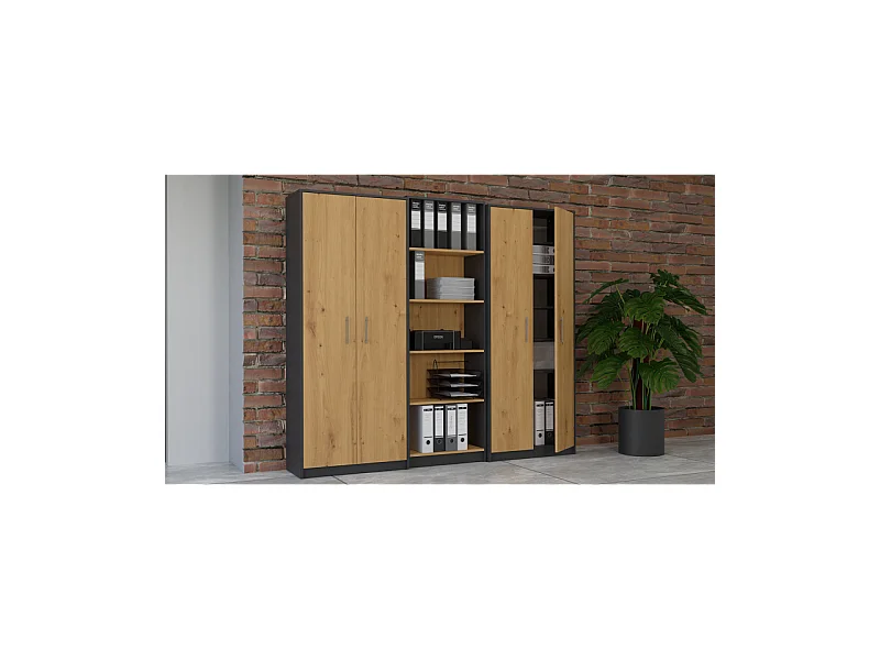 Regał Oliv 2D |  Antracyt/Dąb Artisan |  74x35x180 cm | Regał Zamykany, 2 Drzwi, 8 Półek