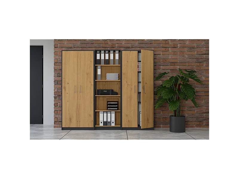 Regał Oliv 2D |  Antracyt/Dąb Artisan |  74x35x180 cm | Regał Zamykany, 2 Drzwi, 8 Półek