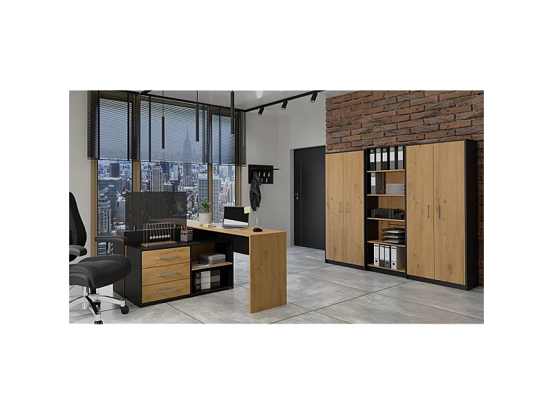 Regał Oliv 2D |  Antracyt/Dąb Artisan |  74x35x180 cm | Regał Zamykany, 2 Drzwi, 8 Półek