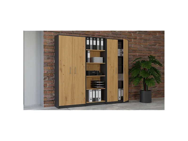 Regał Oliv 2D |  Antracyt/Dąb Artisan |  74x35x180 cm | Regał Zamykany, 2 Drzwi, 8 Półek