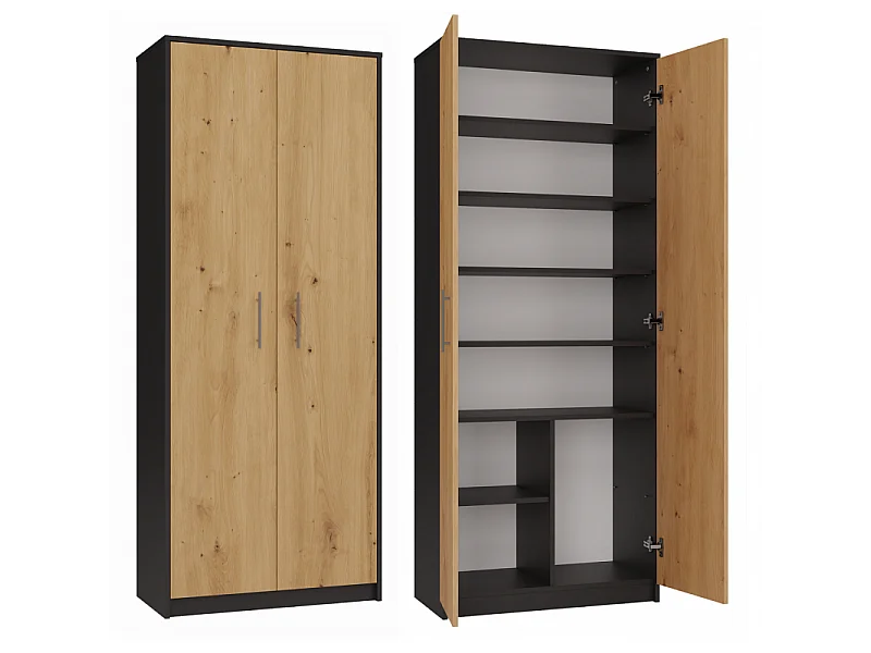 Regał Oliv 2D |  Antracyt/Dąb Artisan |  74x35x180 cm | Regał Zamykany, 2 Drzwi, 8 Półek