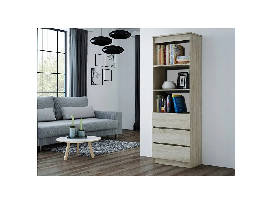 Regał Olimp RS-60 | Dąb Sonoma | 60x35x180 cm | 3 Szuflady 3 Półki
