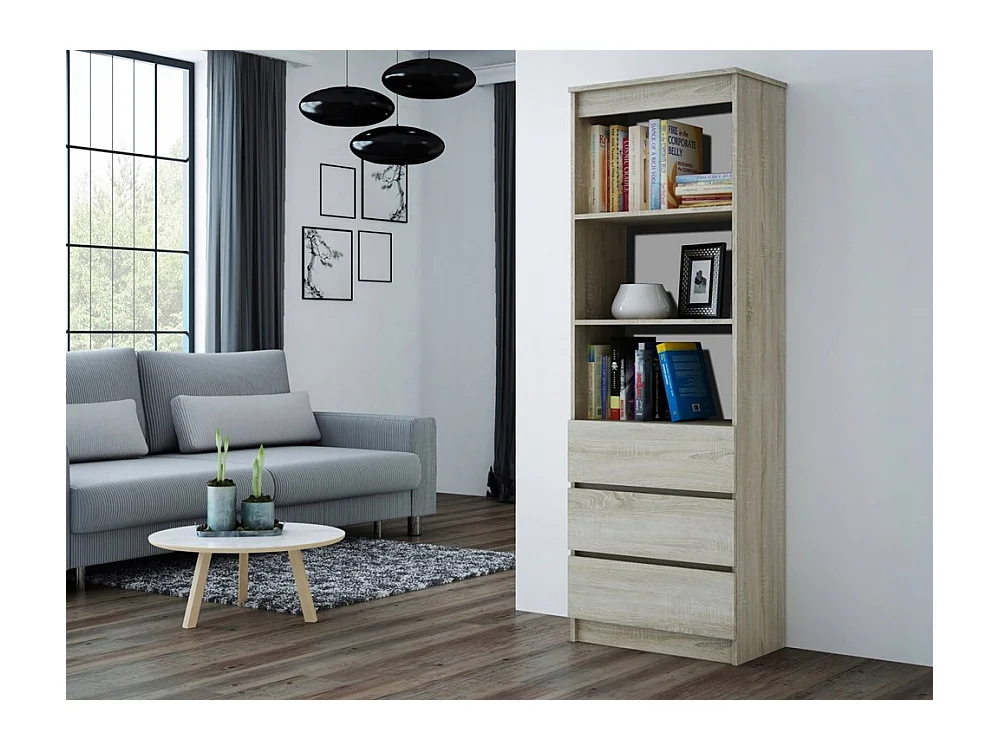Regał Olimp RS-60 | Dąb Sonoma | 60x35x180 cm | 3 Szuflady 3 Półki