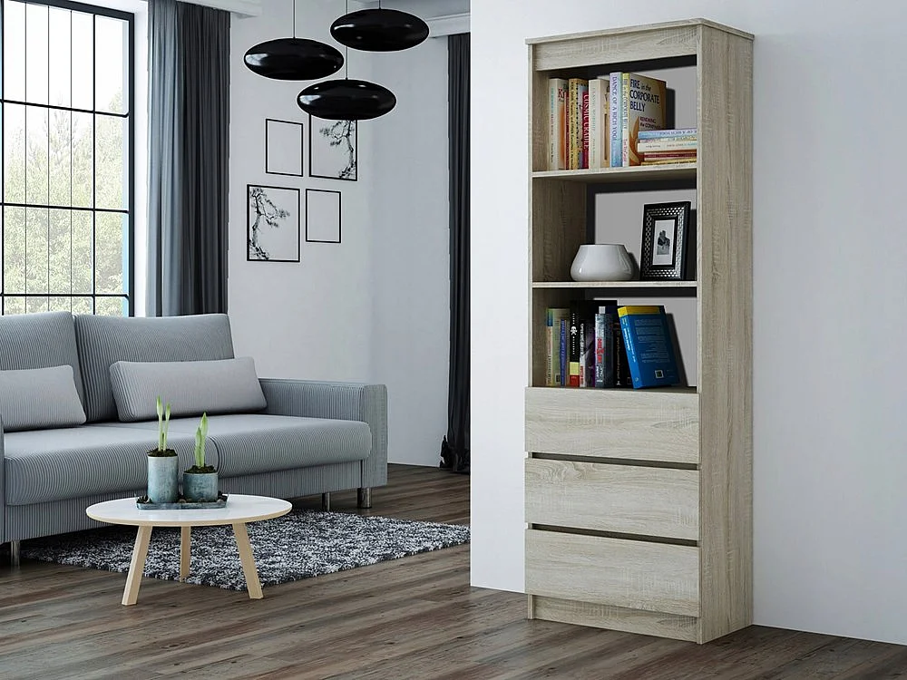 Regał Olimp RS-60 | Dąb Sonoma | 60x35x180 cm | 3 Szuflady 3 Półki