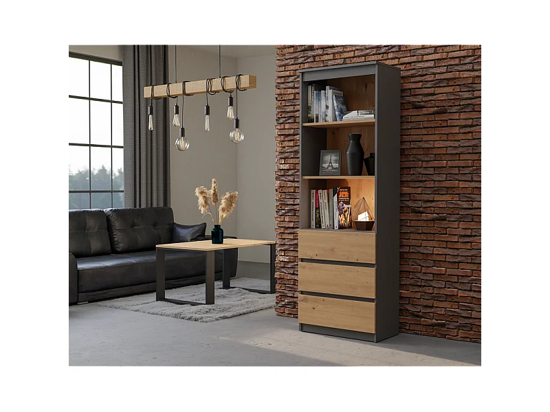 Regał Olimp RS-60 | Antracyt/Dąb Artisan | 60x35x180 cm | 3 Szuflady 3 Półki