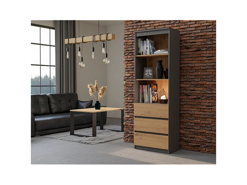 Regał Olimp RS-60 | Antracyt/Dąb Artisan | 60x35x180 cm | 3 Szuflady 3 Półki