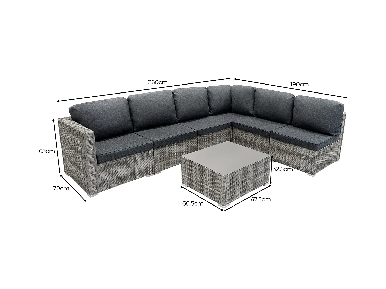 Rattan Gartenmöbel 7-teiliges Set & 996L Aufbewahrungsbox Marielle Grau 5-Sitzer Sofa Ecksofa Stühle mit Kissen, Tisch, Regenabdeckung