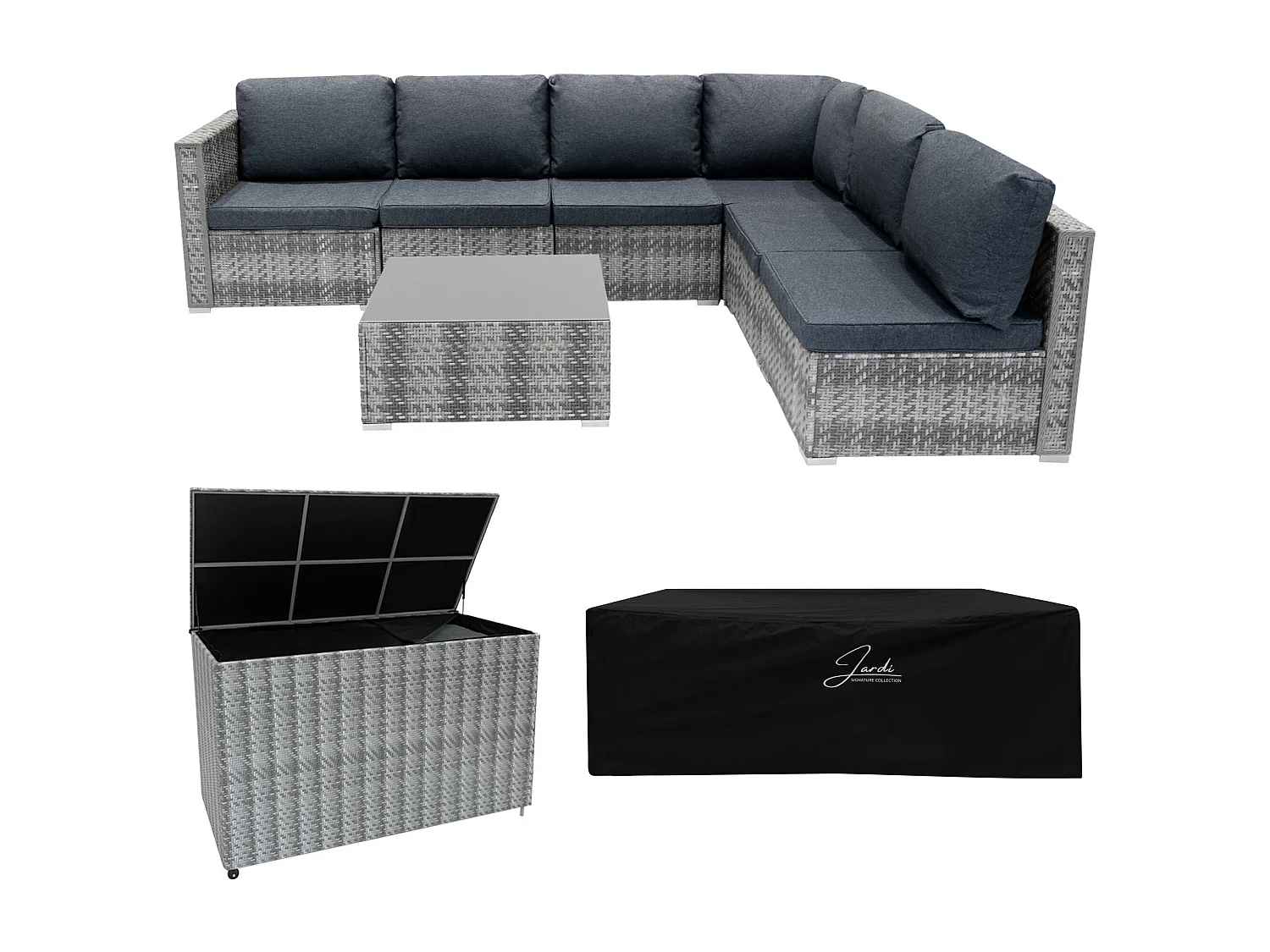 Rattan Gartenmöbel 7-teiliges Set & 996L Aufbewahrungsbox Marielle Grau 5-Sitzer Sofa Ecksofa Stühle mit Kissen, Tisch, Regenabdeckung