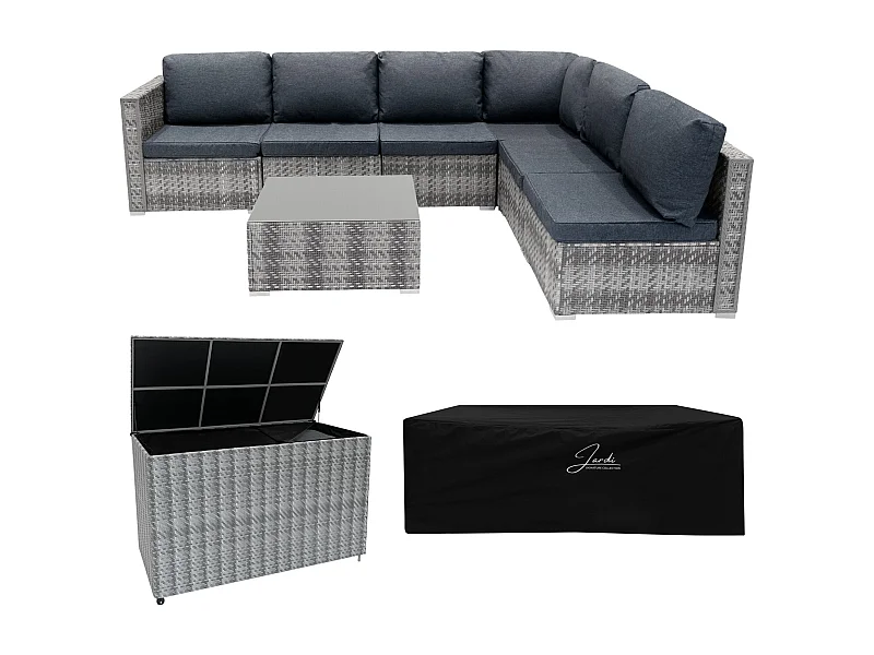 Rattan Gartenmöbel 7-teiliges Set & 996L Aufbewahrungsbox Marielle Grau 5-Sitzer Sofa Ecksofa Stühle mit Kissen, Tisch, Regenabdeckung