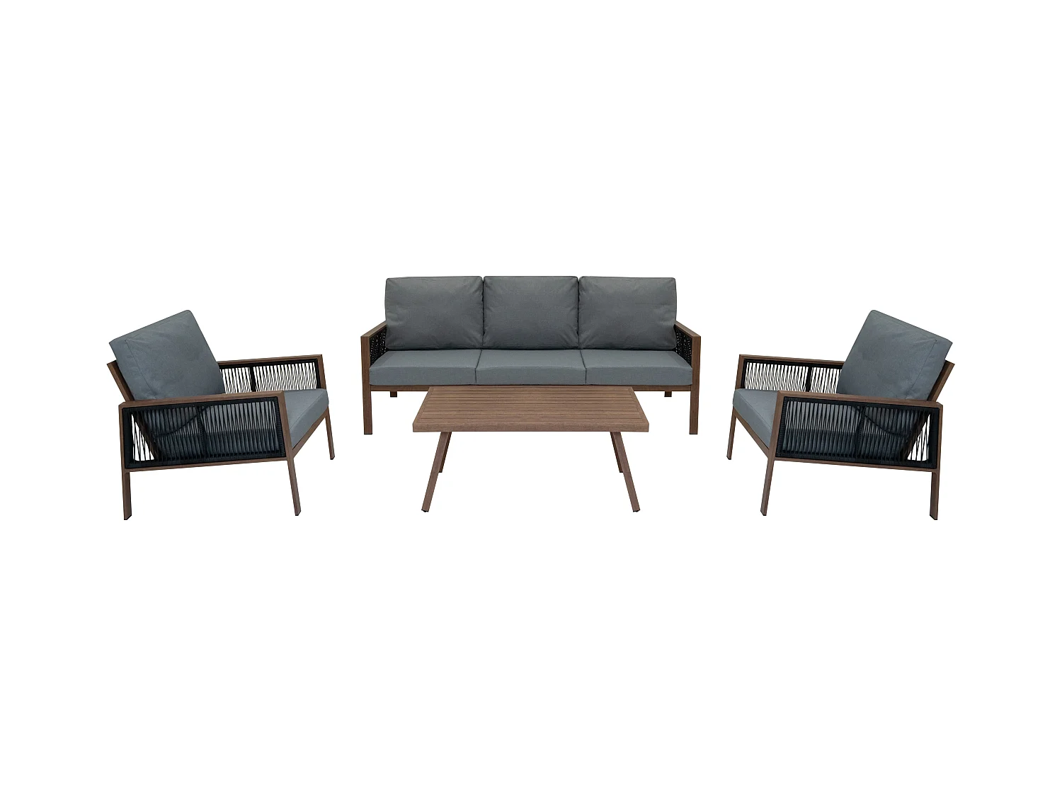 Ensemble de Jardin En Aluminium Effet Bois 4 Pièces Salon de 3 Places Extérieur Modulaire Fauteuils Table Basse (Housse de Pluie INCLUS)