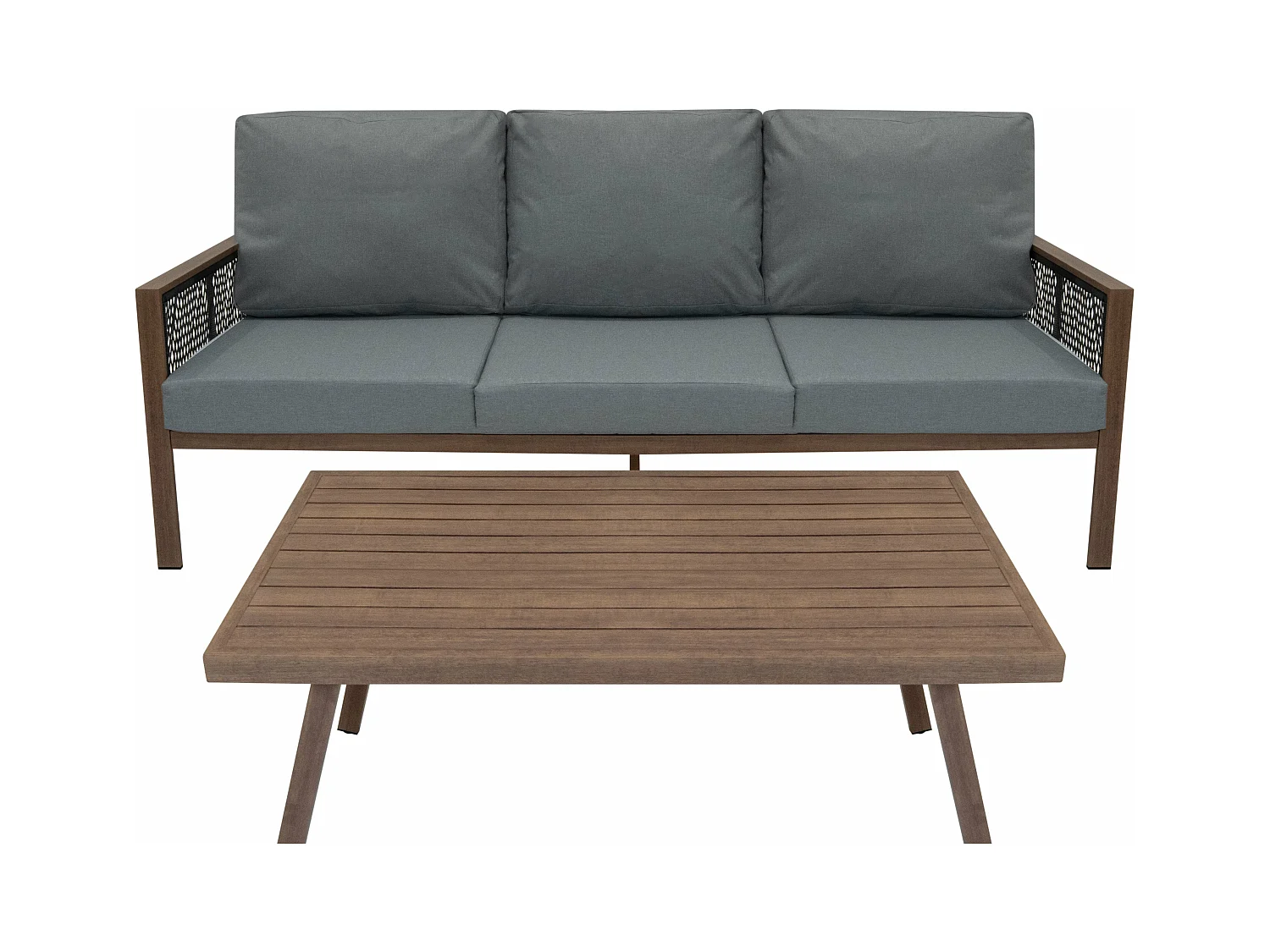 Ensemble de Jardin En Aluminium Effet Bois 4 Pièces Salon de 3 Places Extérieur Modulaire Fauteuils Table Basse (Housse de Pluie INCLUS)