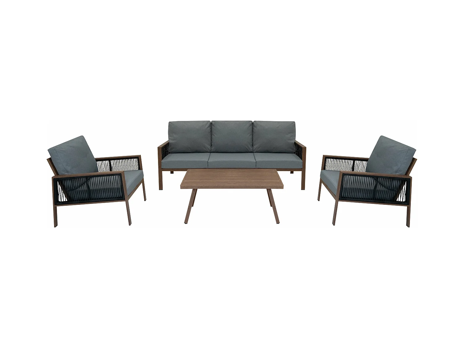 Garten Aluminium 5-Sitzer Möbelset Holzoptik 4-teilig Outdoor Terrasse Lounge Essbereich 3-Sitzer Sofa 2 Sessel Couchtisch Polster Waschbare Bezüge Regenabdeckung
