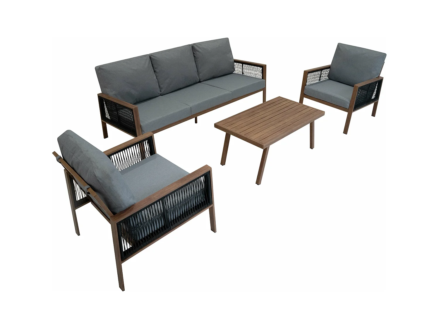 Garten Aluminium 5-Sitzer Möbelset Holzoptik 4-teilig Outdoor Terrasse Lounge Essbereich 3-Sitzer Sofa 2 Sessel Couchtisch Polster Waschbare Bezüge Regenabdeckung