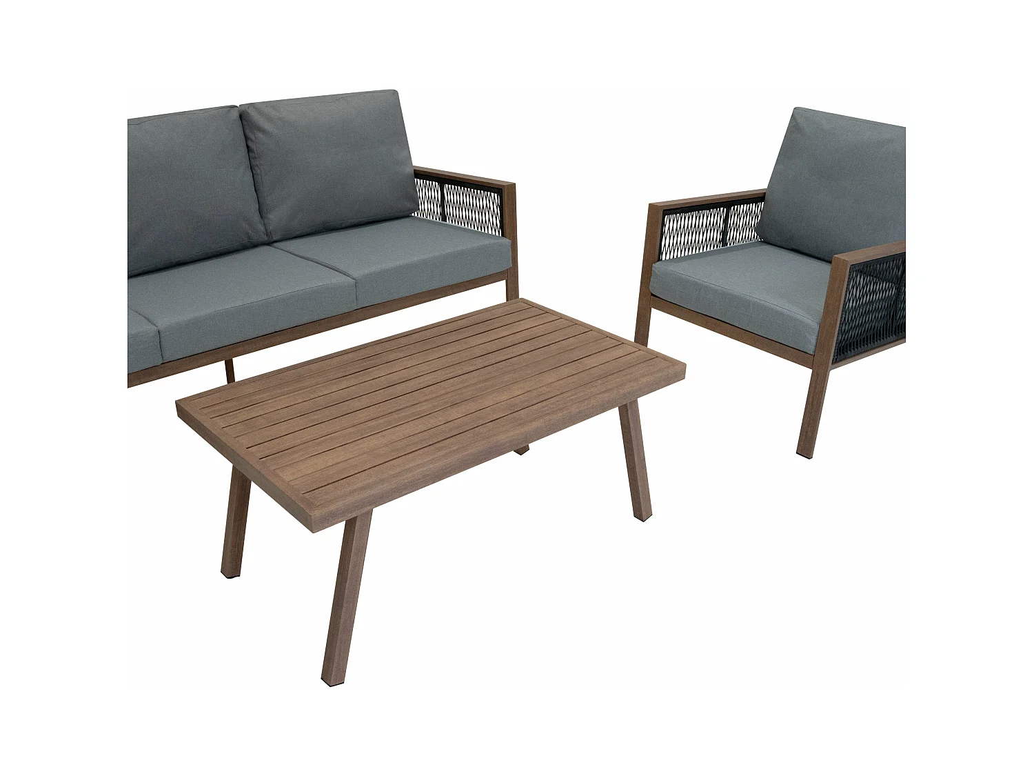 Garten Aluminium 5-Sitzer Möbelset Holzoptik 4-teilig Outdoor Terrasse Lounge Essbereich 3-Sitzer Sofa 2 Sessel Couchtisch Polster Waschbare Bezüge Regenabdeckung