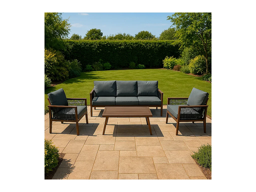 Garten Aluminium 5-Sitzer Möbelset Holzoptik 4-teilig Outdoor Terrasse Lounge Essbereich 3-Sitzer Sofa 2 Sessel Couchtisch Polster Waschbare Bezüge Regenabdeckung