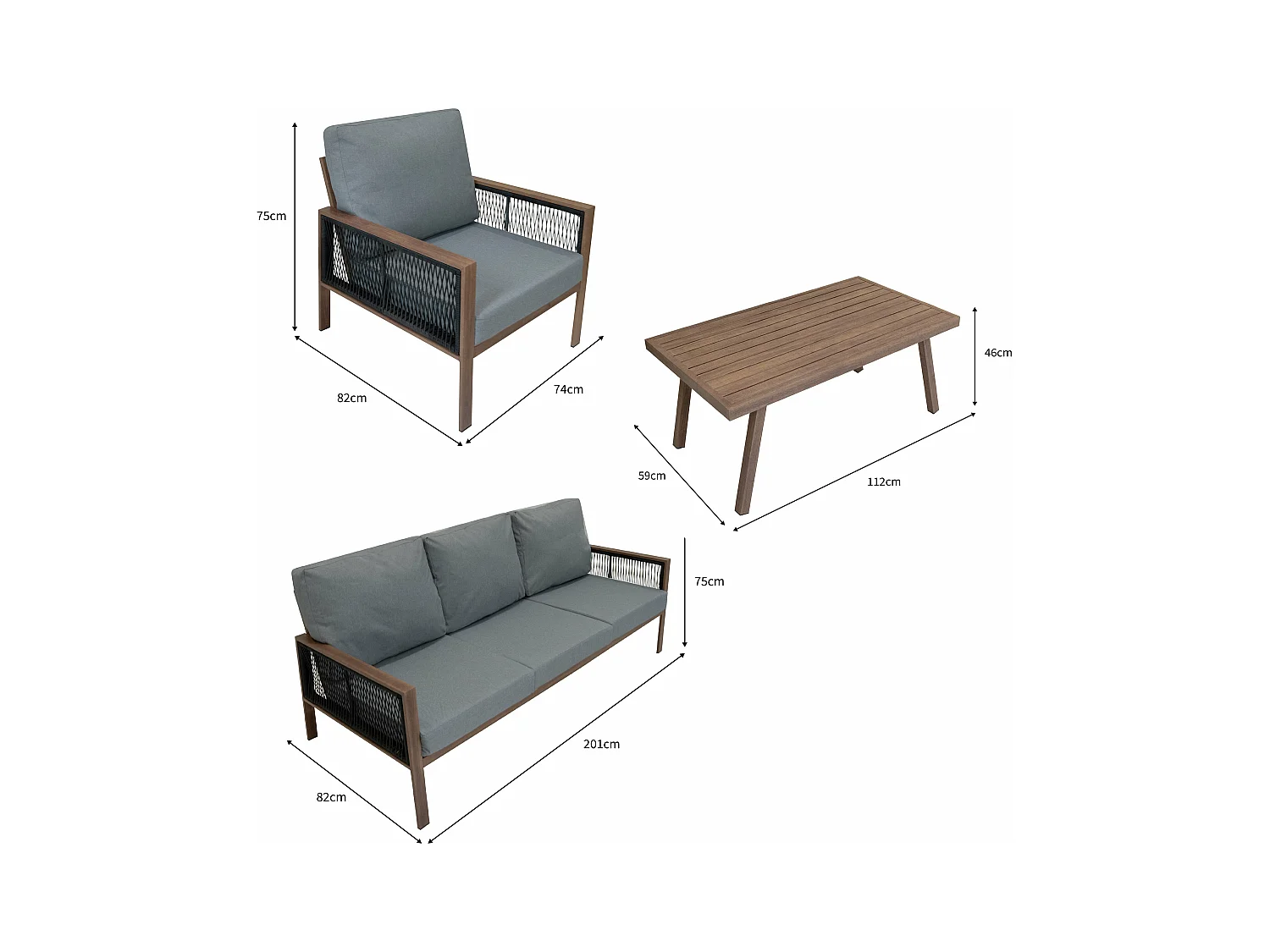 Garten Aluminium 5-Sitzer Möbelset Holzoptik 4-teilig Outdoor Terrasse Lounge Essbereich 3-Sitzer Sofa 2 Sessel Couchtisch Polster Waschbare Bezüge Regenabdeckung