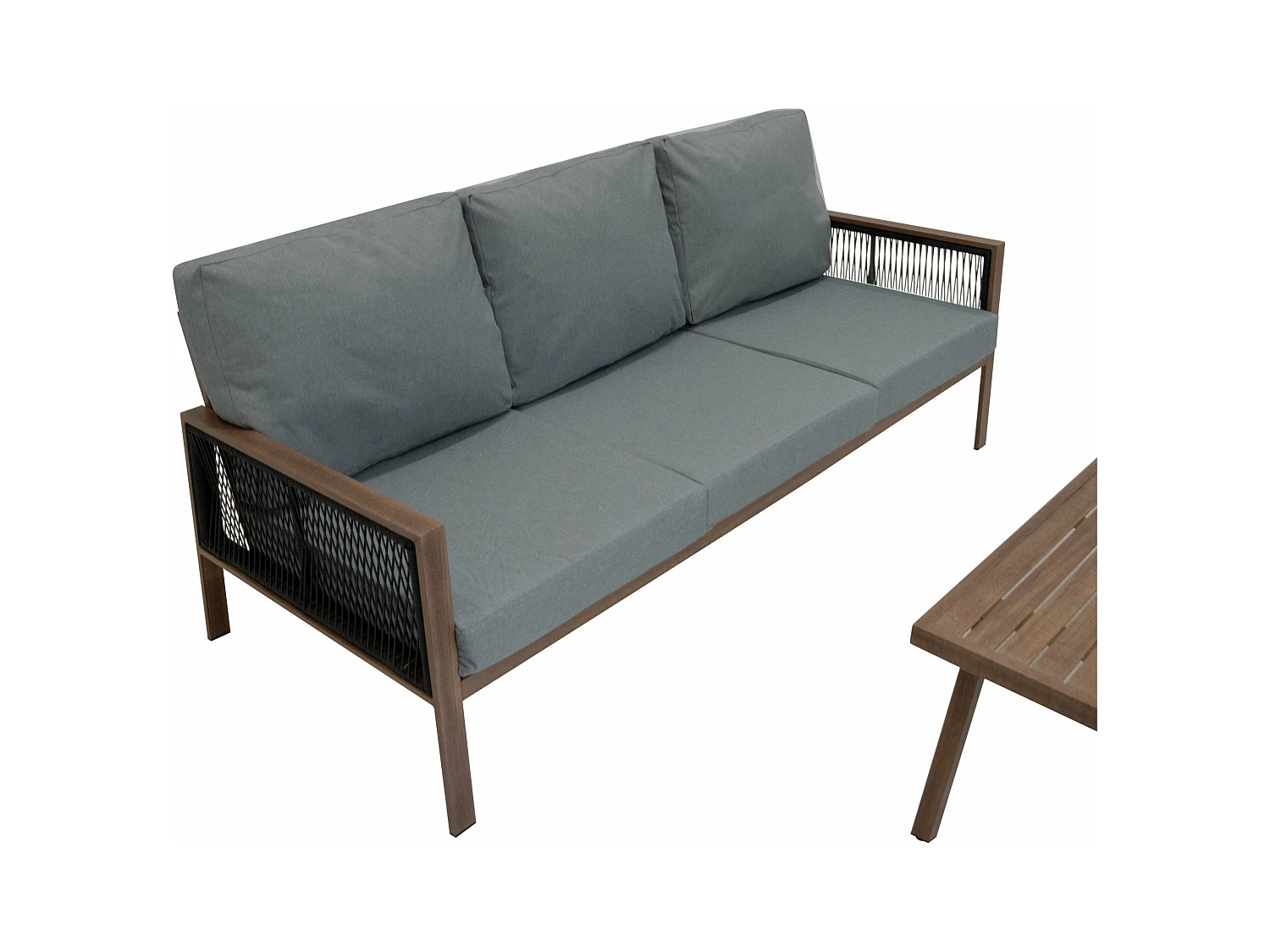 Garten Aluminium 5-Sitzer Möbelset Holzoptik 4-teilig Outdoor Terrasse Lounge Essbereich 3-Sitzer Sofa 2 Sessel Couchtisch Polster Waschbare Bezüge Regenabdeckung