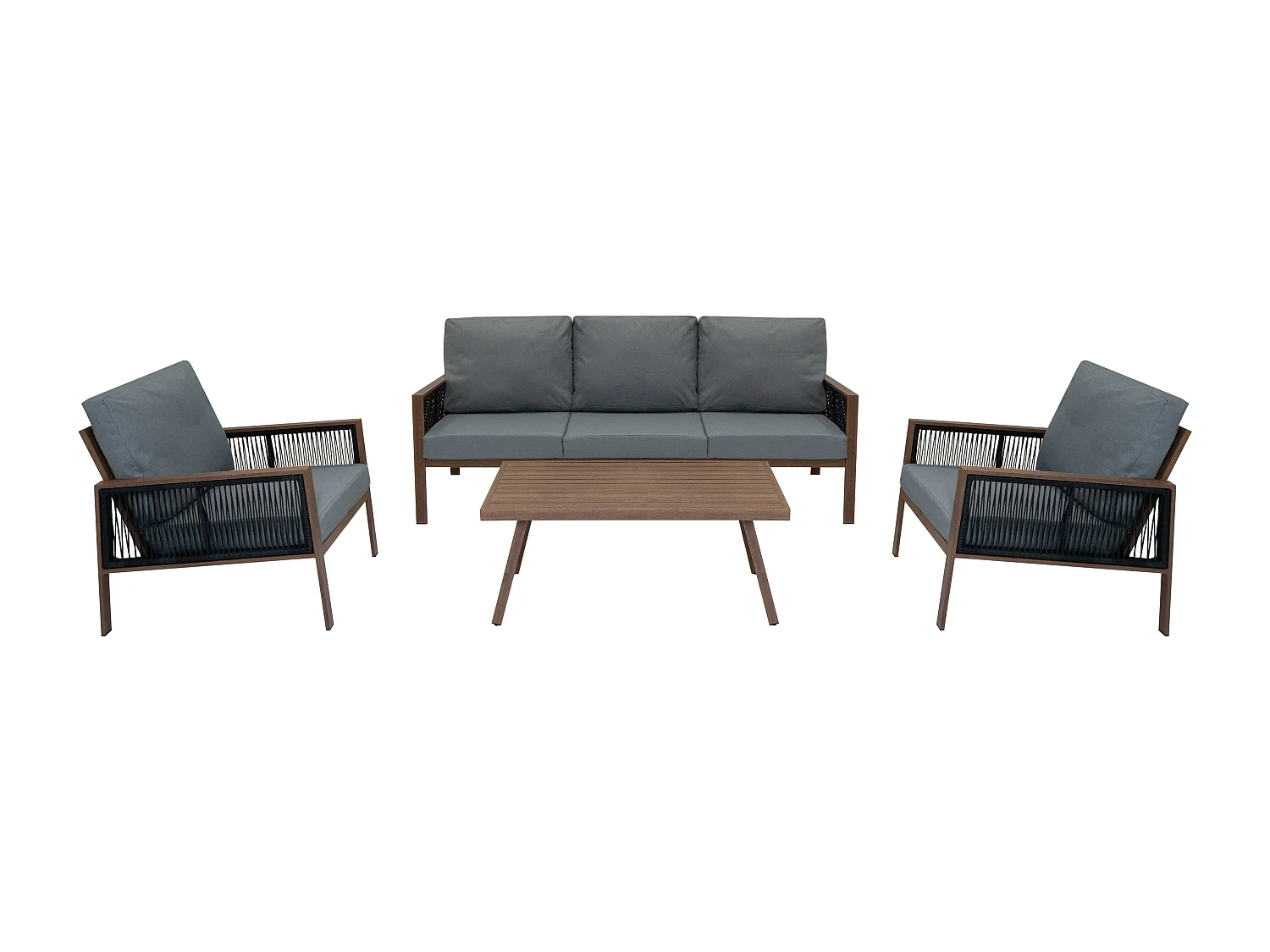 Ensemble de Jardin En Aluminium Effet Bois 4 Pièces Salon de 3 Places Extérieur Modulaire Fauteuils Table Basse (Housse de Pluie INCLUS)