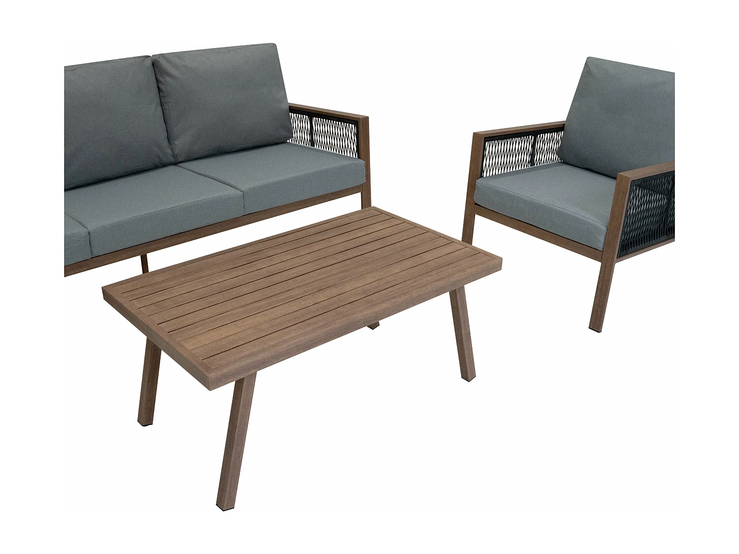 Ensemble de Jardin En Aluminium Effet Bois 4 Pièces Salon de 3 Places Extérieur Modulaire Fauteuils Table Basse (Housse de Pluie INCLUS)