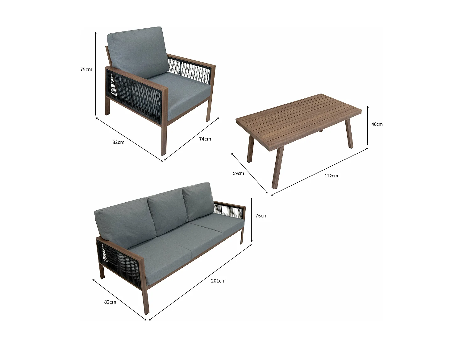 Ensemble de Jardin En Aluminium Effet Bois 4 Pièces Salon de 3 Places Extérieur Modulaire Fauteuils Table Basse (Housse de Pluie INCLUS)
