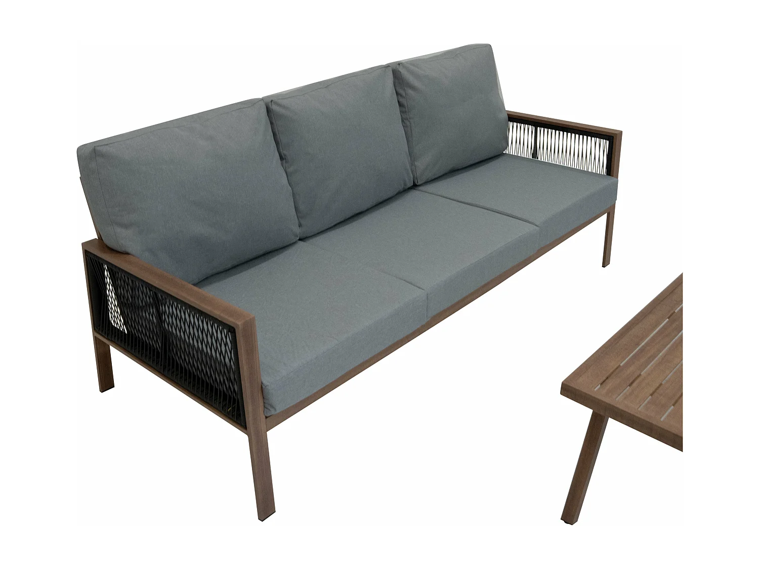 Ensemble de Jardin En Aluminium Effet Bois 4 Pièces Salon de 3 Places Extérieur Modulaire Fauteuils Table Basse (Housse de Pluie INCLUS)