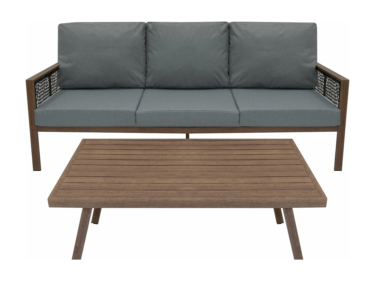 Ensemble de Jardin En Aluminium Effet Bois 4 Pièces Salon de 3 Places Extérieur Modulaire Fauteuils Table Basse (Housse de Pluie INCLUS)