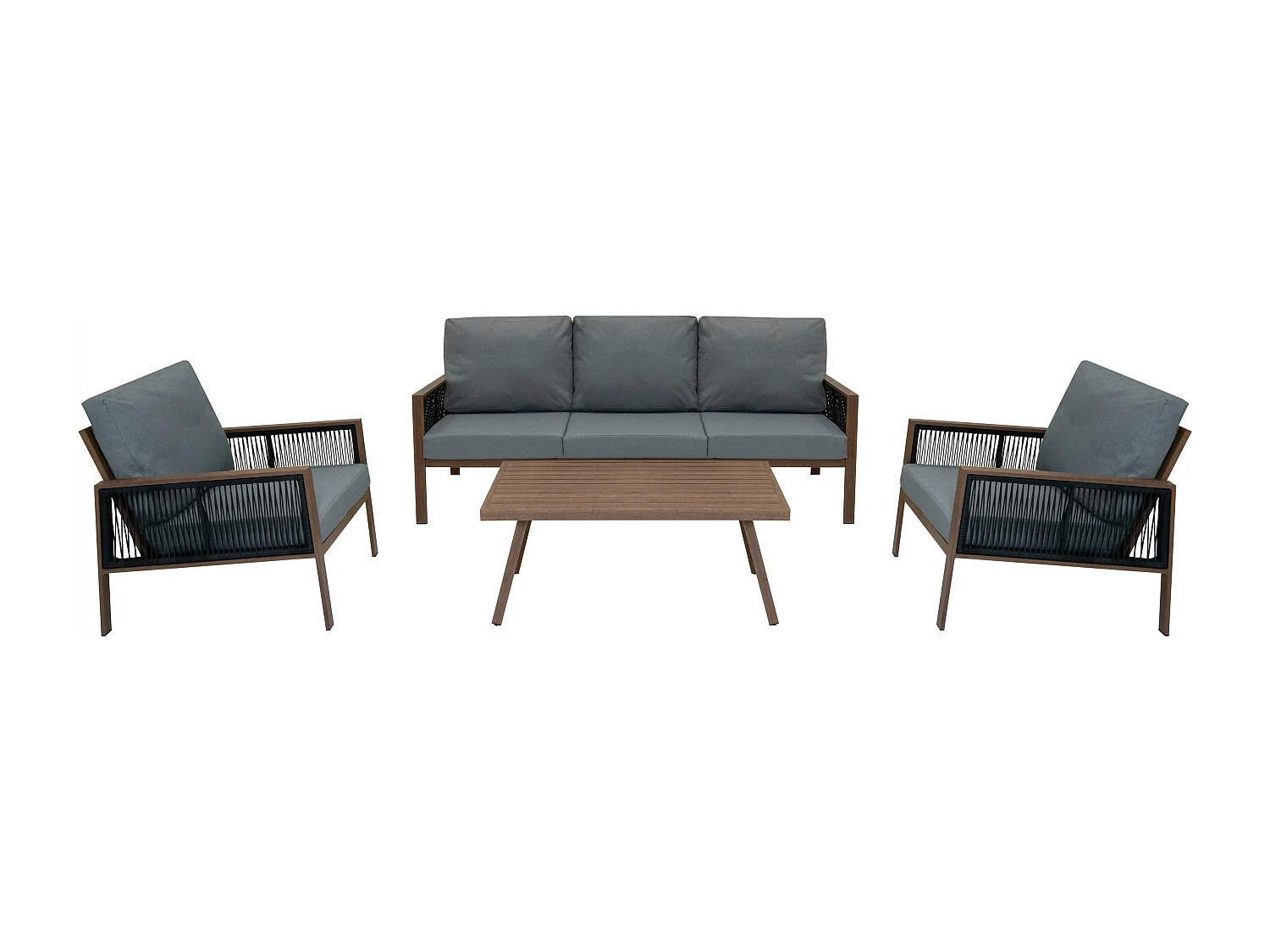 Ensemble de Jardin En Aluminium Effet Bois 4 Pièces Salon de 3 Places Extérieur Modulaire Fauteuils Table Basse (Housse de Pluie INCLUS)