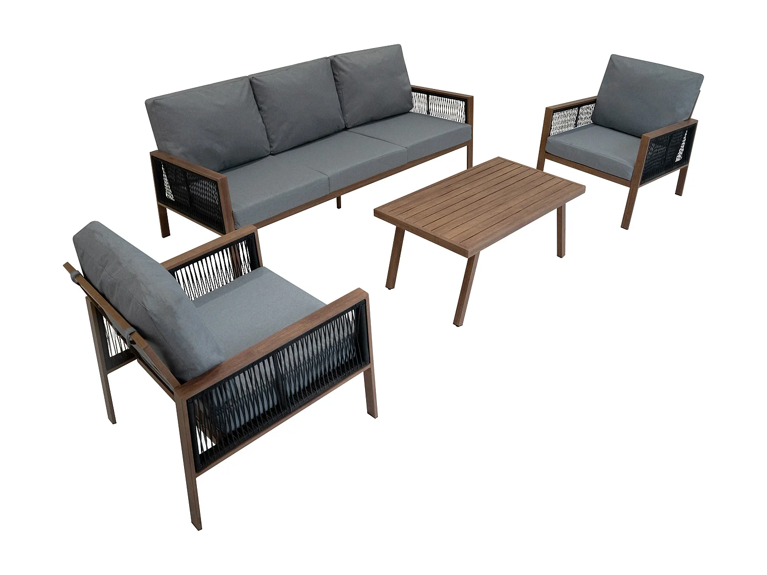 Ensemble de Jardin En Aluminium Effet Bois 4 Pièces Salon de 3 Places Extérieur Modulaire Fauteuils Table Basse (Housse de Pluie INCLUS)