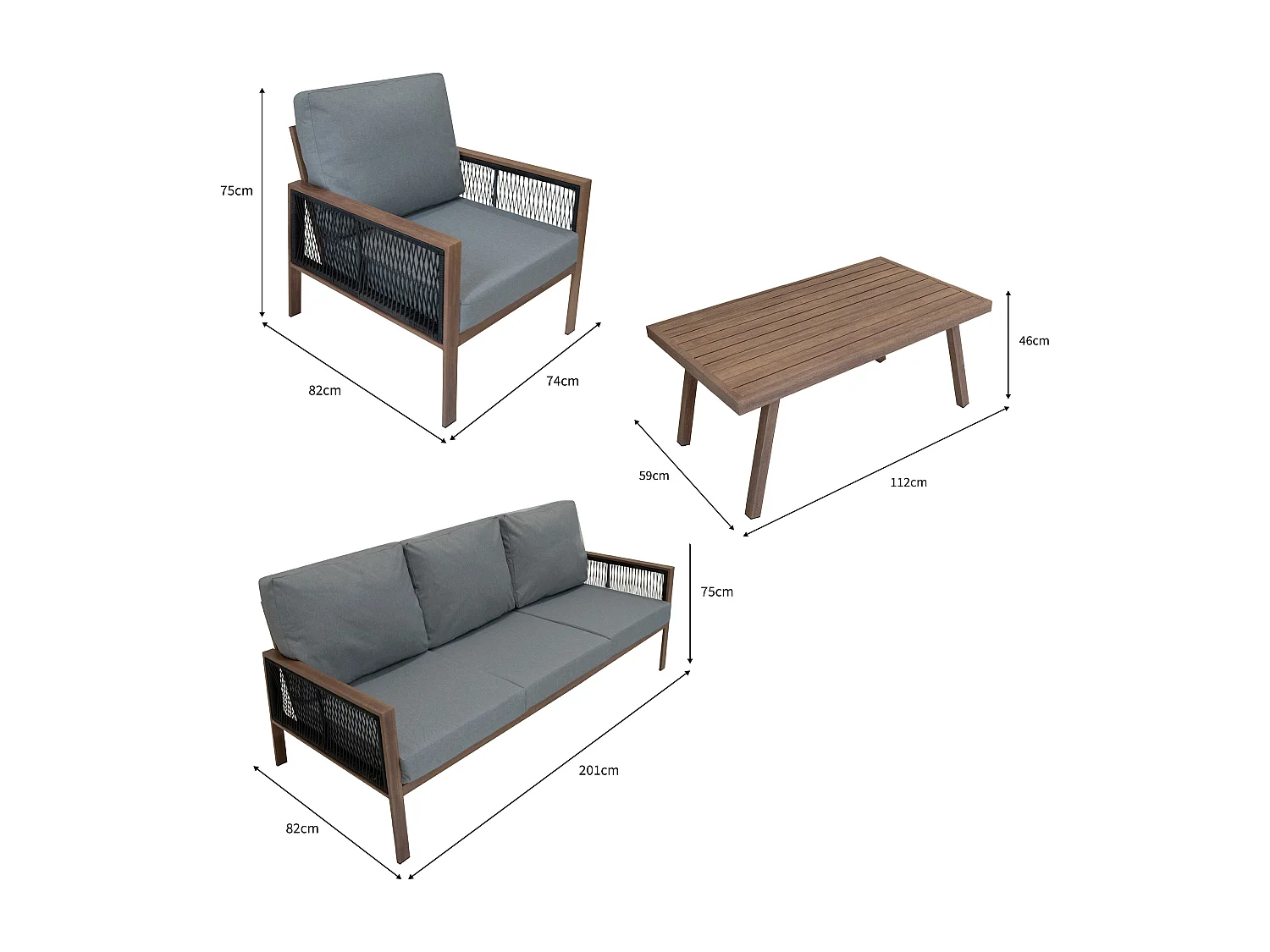 Ensemble de Jardin En Aluminium Effet Bois 4 Pièces Salon de 3 Places Extérieur Modulaire Fauteuils Table Basse (Housse de Pluie INCLUS)
