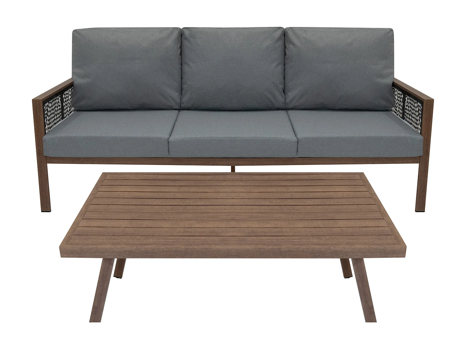 Ensemble de Jardin En Aluminium Effet Bois 4 Pièces Salon de 3 Places Extérieur Modulaire Fauteuils Table Basse (Housse de Pluie INCLUS)